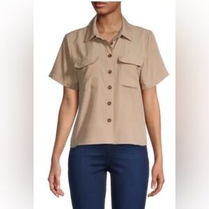 Calvin Klein Beige Short-Sleeve Button-Down Cargo Shirt
